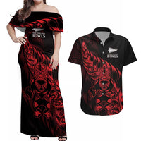 New Zealand Lawn Bowls Custom Couples Matching Off Shoulder Maxi Dress and Hawaiian Shirt Red Maori Warrior Tribal Silver Fern LT9 Red - Polynesian Pride