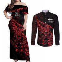 New Zealand Lawn Bowls Custom Couples Matching Off Shoulder Maxi Dress and Long Sleeve Button Shirt Red Maori Warrior Tribal Silver Fern LT9 Red - Polynesian Pride