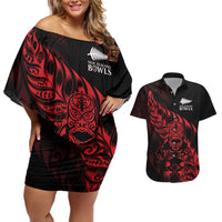 New Zealand Lawn Bowls Custom Couples Matching Off Shoulder Short Dress and Hawaiian Shirt Red Maori Warrior Tribal Silver Fern LT9 Red - Polynesian Pride