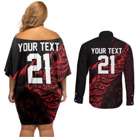 New Zealand Lawn Bowls Custom Couples Matching Off Shoulder Short Dress and Long Sleeve Button Shirt Red Maori Warrior Tribal Silver Fern LT9 - Polynesian Pride