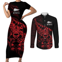 New Zealand Lawn Bowls Custom Couples Matching Short Sleeve Bodycon Dress and Long Sleeve Button Shirt Red Maori Warrior Tribal Silver Fern LT9 Red - Polynesian Pride