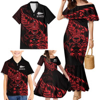 New Zealand Lawn Bowls Custom Family Matching Mermaid Dress and Hawaiian Shirt Red Maori Warrior Tribal Silver Fern LT9 - Polynesian Pride