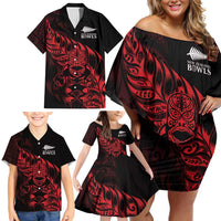New Zealand Lawn Bowls Custom Family Matching Off Shoulder Short Dress and Hawaiian Shirt Red Maori Warrior Tribal Silver Fern LT9 - Polynesian Pride