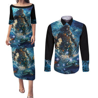 New Zealand Matariki Waita Couples Matching Puletasi and Long Sleeve Button Shirt The Way Of The Water LT9 Black - Polynesian Pride