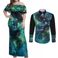 New Zealand Matariki Waiti Couples Matching Off Shoulder Maxi Dress and Long Sleeve Button Shirt The Beginnings Of Life LT9 Black - Polynesian Pride