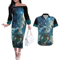 New Zealand Matariki Ururangi Couples Matching Off The Shoulder Long Sleeve Dress and Hawaiian Shirt The Murmur Of The Wind LT9 Black - Polynesian Pride