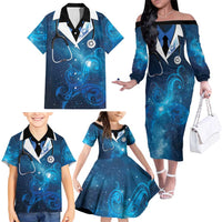 New Zealand Nurses RN Personalised Family Matching Off The Shoulder Long Sleeve Dress and Hawaiian Shirt Galaxy Stethoscope Maori Motif LT9 - Polynesian Pride