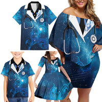 New Zealand Nurses RN Personalised Family Matching Off Shoulder Short Dress and Hawaiian Shirt Galaxy Stethoscope Maori Motif LT9 - Polynesian Pride