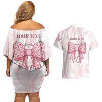 New Zealand Nurses RN Personalised Couples Matching Off Shoulder Short Dress and Hawaiian Shirt Pink Stethoscope Coquette Bow Maori Motif LT9 - Polynesian Pride