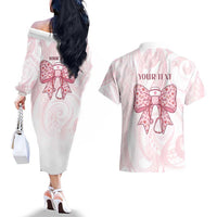 New Zealand Nurses RN Personalised Couples Matching Off The Shoulder Long Sleeve Dress and Hawaiian Shirt Pink Stethoscope Coquette Bow Maori Motif LT9 - Polynesian Pride