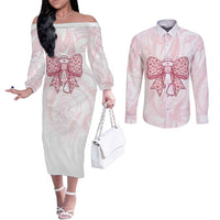 New Zealand Nurses RN Personalised Couples Matching Off The Shoulder Long Sleeve Dress and Long Sleeve Button Shirt Pink Stethoscope Coquette Bow Maori Motif LT9 Pink - Polynesian Pride