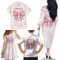 New Zealand Nurses RN Personalised Family Matching Off The Shoulder Long Sleeve Dress and Hawaiian Shirt Pink Stethoscope Coquette Bow Maori Motif LT9 - Polynesian Pride
