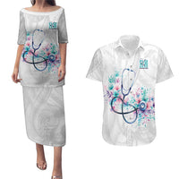 New Zealand Nurses RN Personalised Couples Matching Puletasi and Hawaiian Shirt Stethoscope Floral Maori Motif LT9 White - Polynesian Pride