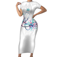New Zealand Nurses RN Personalised Family Matching Short Sleeve Bodycon Dress and Hawaiian Shirt Stethoscope Floral Maori Motif LT9 Mom's Dress White - Polynesian Pride