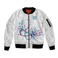 New Zealand Nurses RN Personalised Sleeve Zip Bomber Jacket Stethoscope Floral Maori Motif