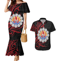 Tahitian Coat Of Arm and Tiare Flower Couples Matching Mermaid Dress and Hawaiian Shirt Polynesian Tribal Tattoo LT9 Black - Polynesian Pride