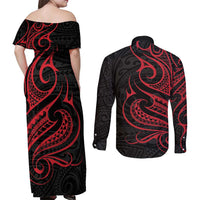 Tahitian Coat Of Arm and Tiare Flower Couples Matching Off Shoulder Maxi Dress and Long Sleeve Button Shirt Polynesian Tribal Tattoo LT9 - Polynesian Pride