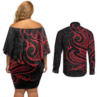 Tahitian Coat Of Arm and Tiare Flower Couples Matching Off Shoulder Short Dress and Long Sleeve Button Shirt Polynesian Tribal Tattoo LT9 - Polynesian Pride