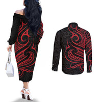 Tahitian Coat Of Arm and Tiare Flower Couples Matching Off The Shoulder Long Sleeve Dress and Long Sleeve Button Shirt Polynesian Tribal Tattoo LT9 - Polynesian Pride