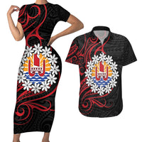 Tahitian Coat Of Arm and Tiare Flower Couples Matching Short Sleeve Bodycon Dress and Hawaiian Shirt Polynesian Tribal Tattoo LT9 Black - Polynesian Pride