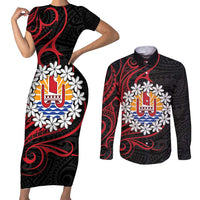 Tahitian Coat Of Arm and Tiare Flower Couples Matching Short Sleeve Bodycon Dress and Long Sleeve Button Shirt Polynesian Tribal Tattoo LT9 Black - Polynesian Pride