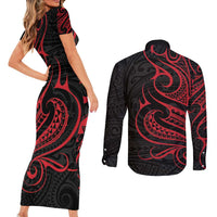 Tahitian Coat Of Arm and Tiare Flower Couples Matching Short Sleeve Bodycon Dress and Long Sleeve Button Shirt Polynesian Tribal Tattoo LT9 - Polynesian Pride