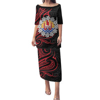 Tahitian Coat Of Arm and Tiare Flower Family Matching Puletasi and Hawaiian Shirt Polynesian Tribal Tattoo LT9 Mom's Dress Black - Polynesian Pride