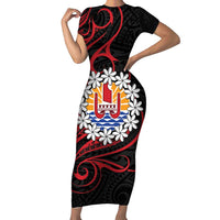 Tahitian Coat Of Arm and Tiare Flower Family Matching Short Sleeve Bodycon Dress and Hawaiian Shirt Polynesian Tribal Tattoo LT9 Mom's Dress Black - Polynesian Pride