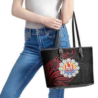 Tahitian Coat Of Arm and Tiare Flower Leather Tote Bag Polynesian Tribal Tattoo