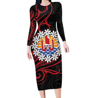Tahitian Coat Of Arm and Tiare Flower Long Sleeve Bodycon Dress Polynesian Tribal Tattoo LT9 Long Dress Black - Polynesian Pride