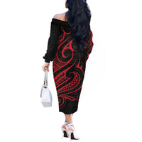 Tahitian Coat Of Arm and Tiare Flower Off The Shoulder Long Sleeve Dress Polynesian Tribal Tattoo LT9 - Polynesian Pride