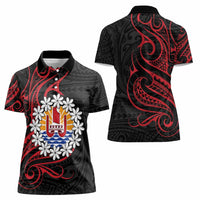Tahitian Coat Of Arm and Tiare Flower Women Polo Shirt Polynesian Tribal Tattoo LT9 - Polynesian Pride