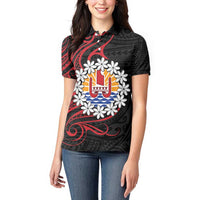 Tahitian Coat Of Arm and Tiare Flower Women Polo Shirt Polynesian Tribal Tattoo LT9 - Polynesian Pride