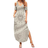 Tahitian Tiare Flower Summer Maxi Dress Beige Polynesian Pattern