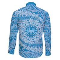 Tahitian Tiare Flower Family Matching Off The Shoulder Long Sleeve Dress and Hawaiian Shirt Blue Polynesian Pattern