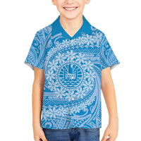 Tahitian Tiare Flower Family Matching Summer Maxi Dress and Hawaiian Shirt Blue Polynesian Pattern