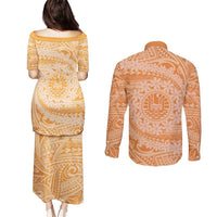 Tahitian Tiare Flower Couples Matching Puletasi and Long Sleeve Button Shirt Gold Polynesian Pattern