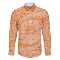 Tahitian Tiare Flower Family Matching Off The Shoulder Long Sleeve Dress and Hawaiian Shirt Gold Polynesian Pattern LT9 Dad's Shirt - Long Sleeve Gold - Polynesian Pride
