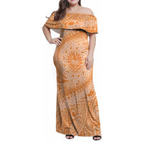 Tahitian Tiare Flower Family Matching Off Shoulder Maxi Dress and Hawaiian Shirt Gold Polynesian Pattern