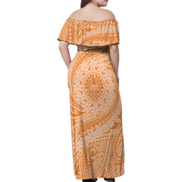 Tahitian Tiare Flower Family Matching Off Shoulder Maxi Dress and Hawaiian Shirt Gold Polynesian Pattern