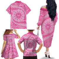 Tahitian Tiare Flower Family Matching Off The Shoulder Long Sleeve Dress and Hawaiian Shirt Pink Polynesian Pattern LT9 - Polynesian Pride