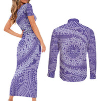 Tahitian Tiare Flower Couples Matching Short Sleeve Bodycon Dress and Long Sleeve Button Shirt Violet Polynesian Pattern