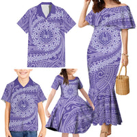 Tahitian Tiare Flower Family Matching Mermaid Dress and Hawaiian Shirt Violet Polynesian Pattern
