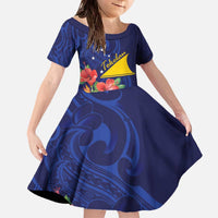 Personalised Tokelau Tropical Hibiscus Family Matching Off The Shoulder Long Sleeve Dress and Hawaiian Shirt With Polynesian Plumeria Tattoo LT9 Daughter's Dress Blue - Polynesian Pride