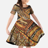 Hawaiian Style Tapa Family Matching Off The Shoulder Long Sleeve Dress and Hawaiian Shirt Vintage Seamless Pattern LT9 Daughter's Dress Red - Polynesian Pride