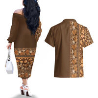 Hawaiian Tribal Elements Hibiscus Couples Matching Off The Shoulder Long Sleeve Dress and Hawaiian Shirt Gold Pattern LT9 - Polynesian Pride