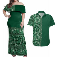Hawaiian Tribal Elements Hibiscus Couples Matching Off Shoulder Maxi Dress and Hawaiian Shirt Green Pattern LT9 Green - Polynesian Pride