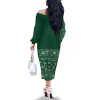 Hawaiian Tribal Elements Hibiscus Family Matching Off The Shoulder Long Sleeve Dress and Hawaiian Shirt Green Pattern - Polynesian Pride