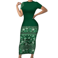 Hawaiian Tribal Elements Hibiscus Family Matching Short Sleeve Bodycon Dress and Hawaiian Shirt Green Pattern - Polynesian Pride