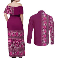 Hawaiian Tribal Elements Hibiscus Couples Matching Off Shoulder Maxi Dress and Long Sleeve Button Shirt Pink Pattern LT9 - Polynesian Pride